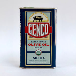 Front of 500 ml can of Genco olive oil